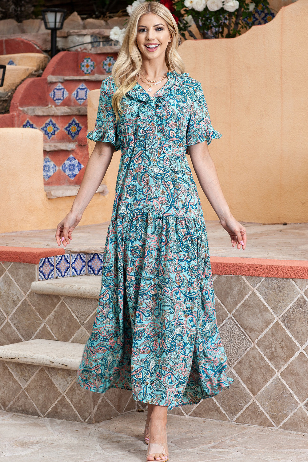 Paisley Print Flounce Sleeve Maxi Dress - Fashorio