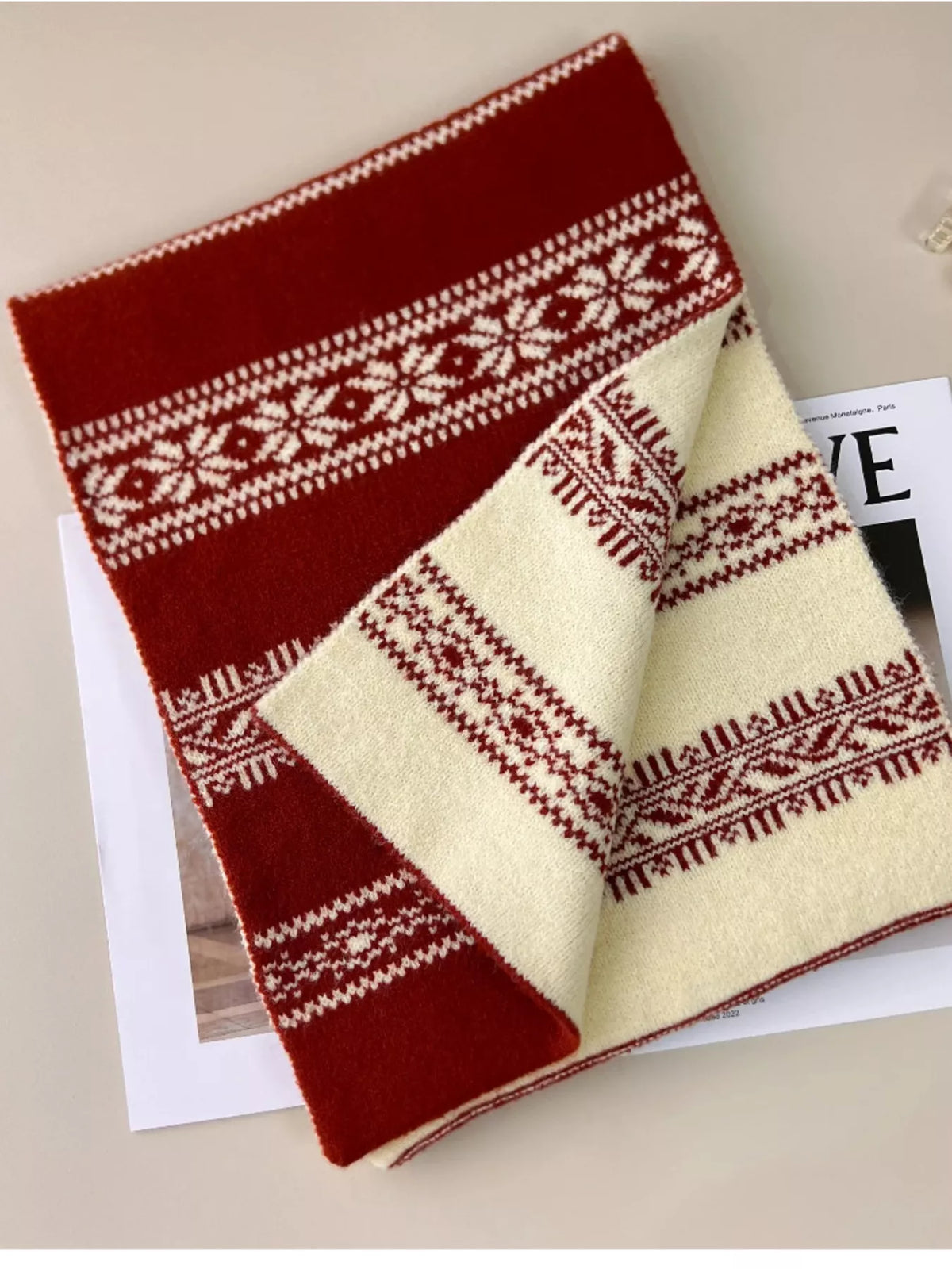 Warm snowflake scarf styled for the holidays
