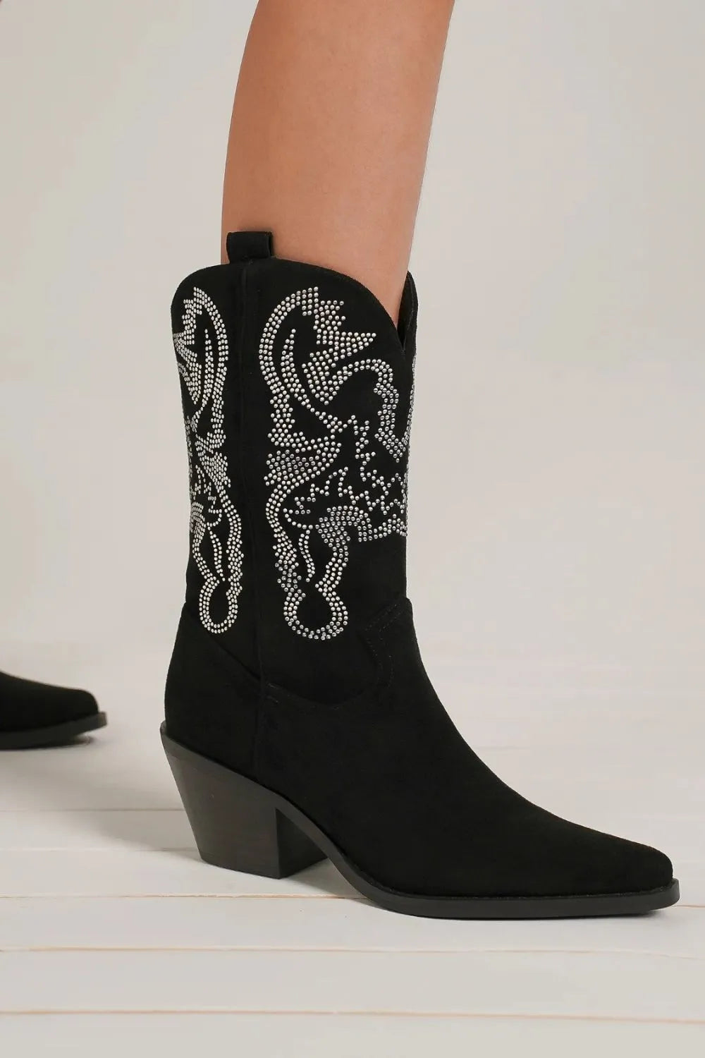 Rhinestone Detail Point Toe Boots front view