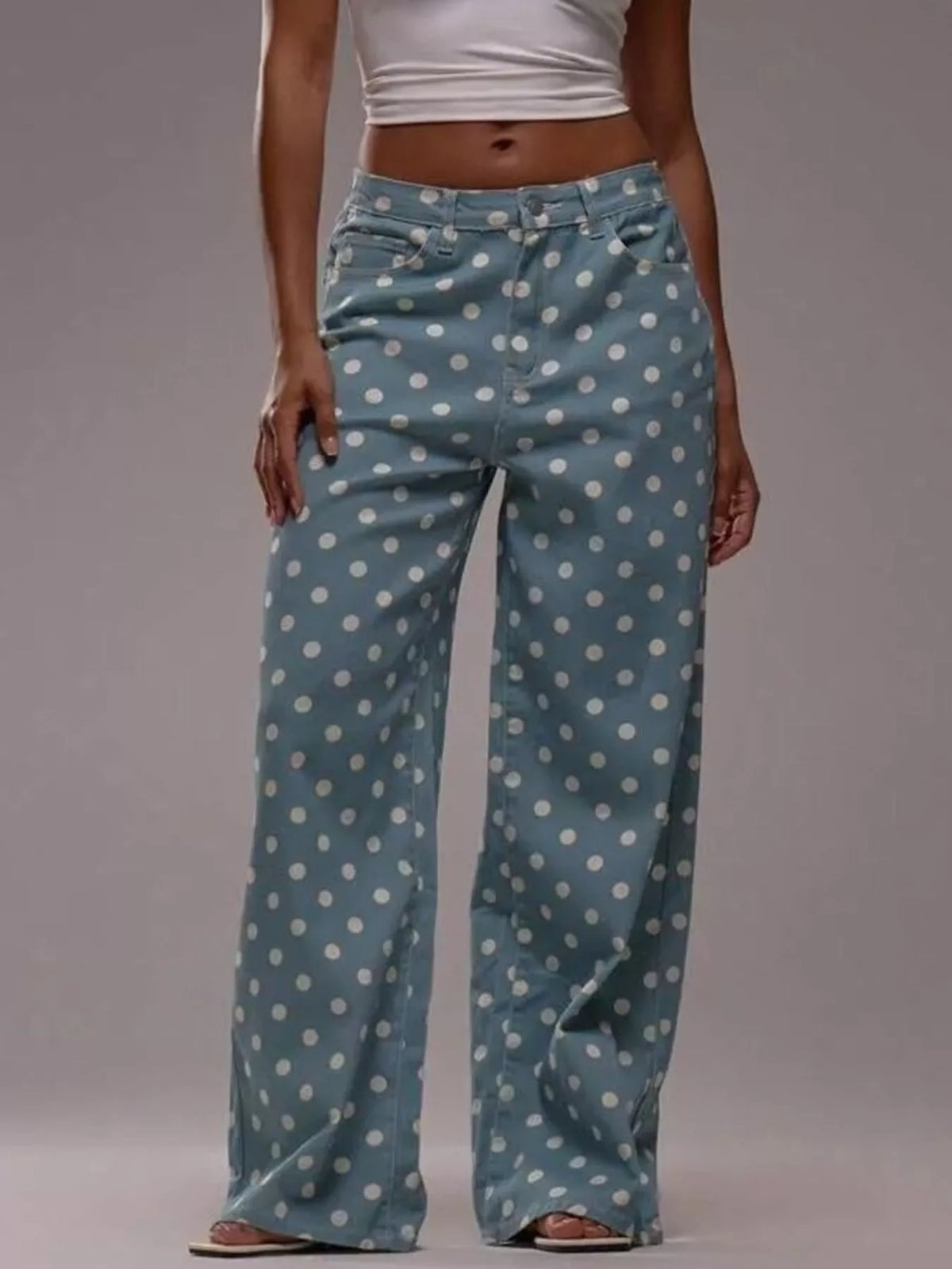 Pastel polka dot wide leg jeans front view