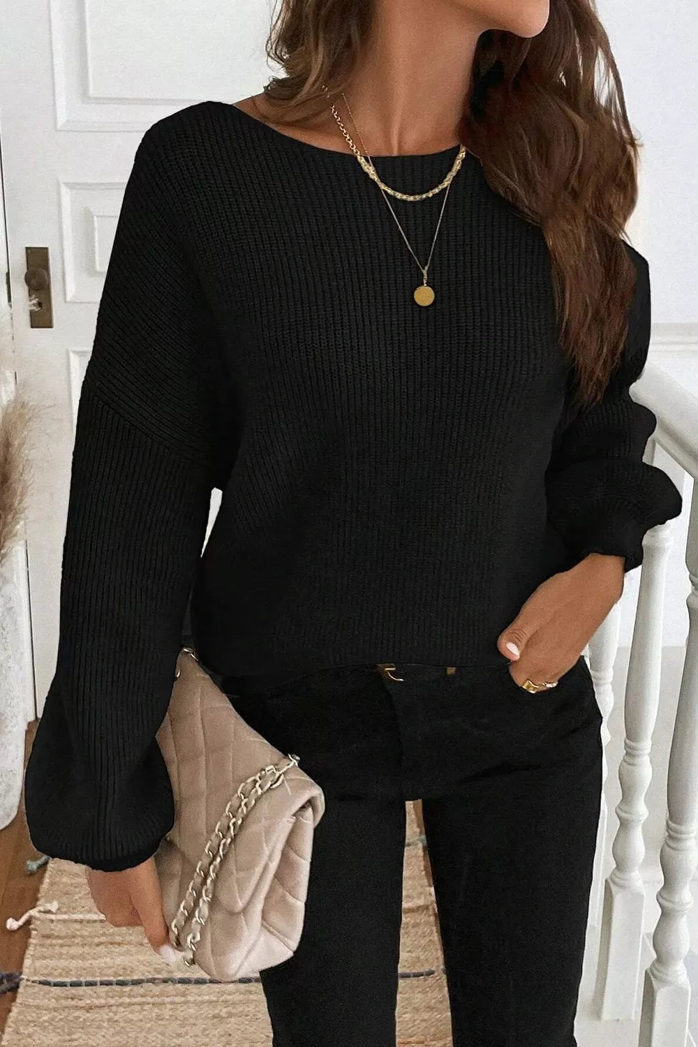 black ribbon knot backless drop shoulder sweater back view