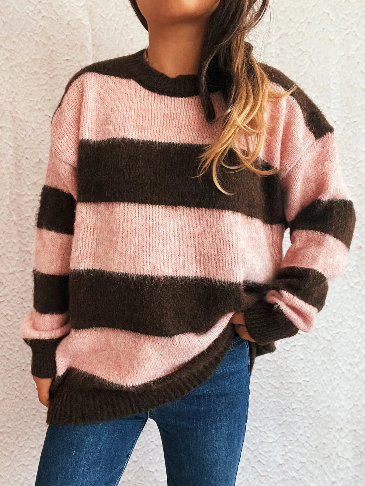 Striped contrast long sleeve oversized sweater close up