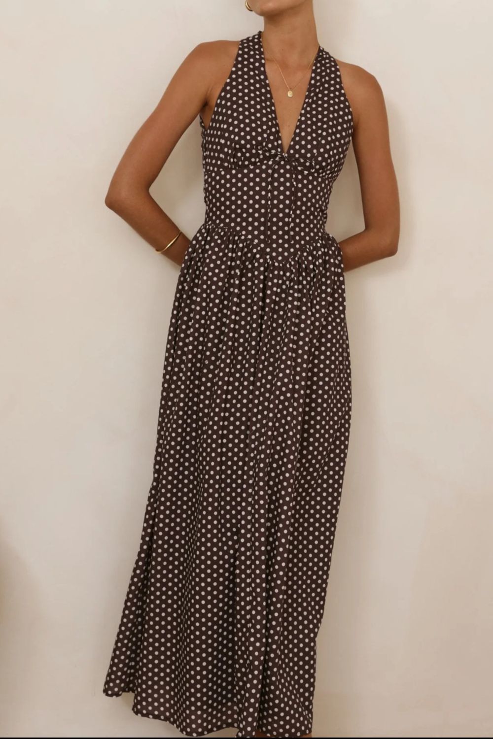 polka dot backless halter neck maxi dress side view