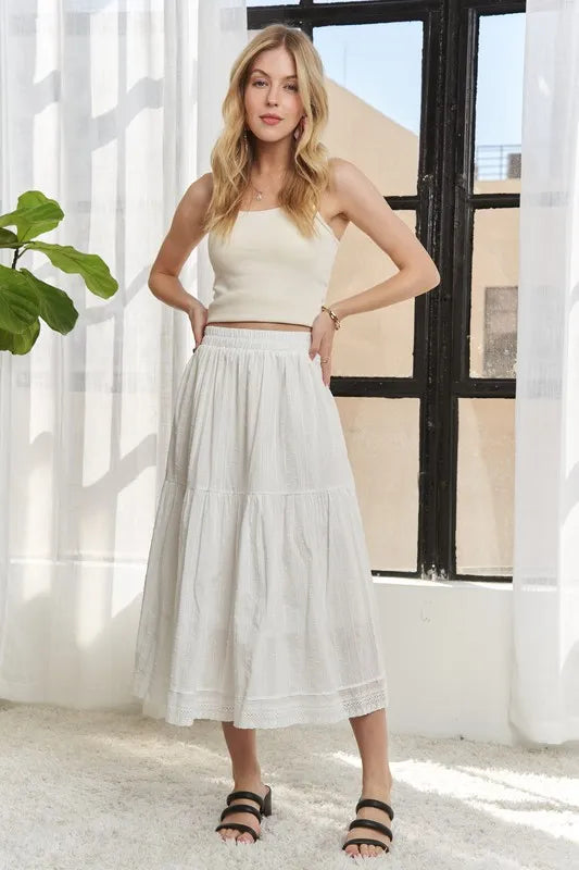 ADORA Elastic Waistband Tiered Midi Skirt OFF WHITE - Fashorio