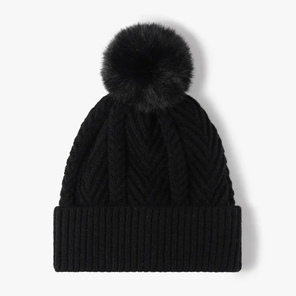 Cable Knit Solid Color Hat with Pompom Black One Size - Fashorio