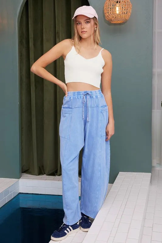 Mittoshop Mineral Wash Elastic Waist Baarrel Leg Baggy Pants - Fashorio