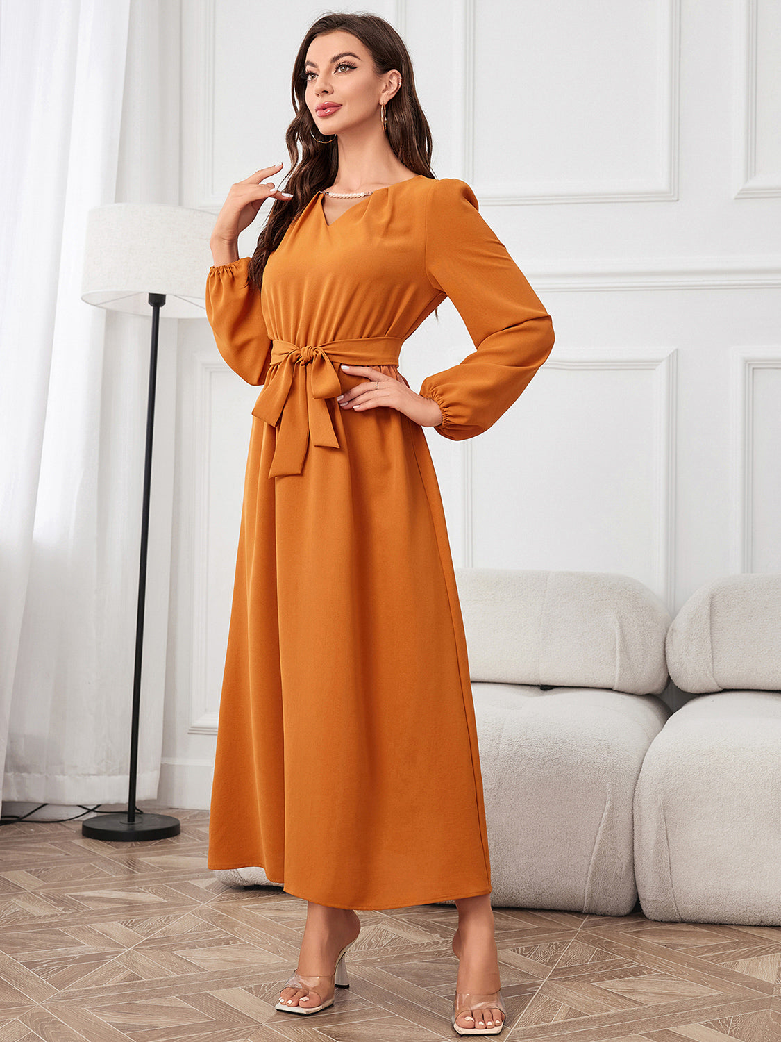 Tie Waist Puff Sleeve Maxi Dress - Fashorio