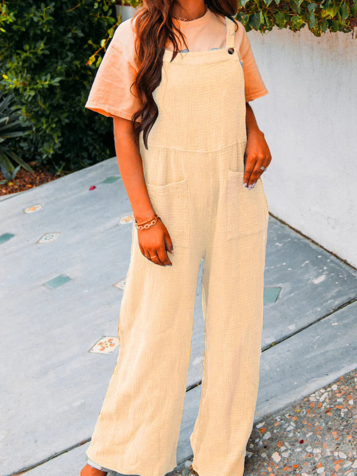 Casual Wide Leg Textured Overalls, view 25