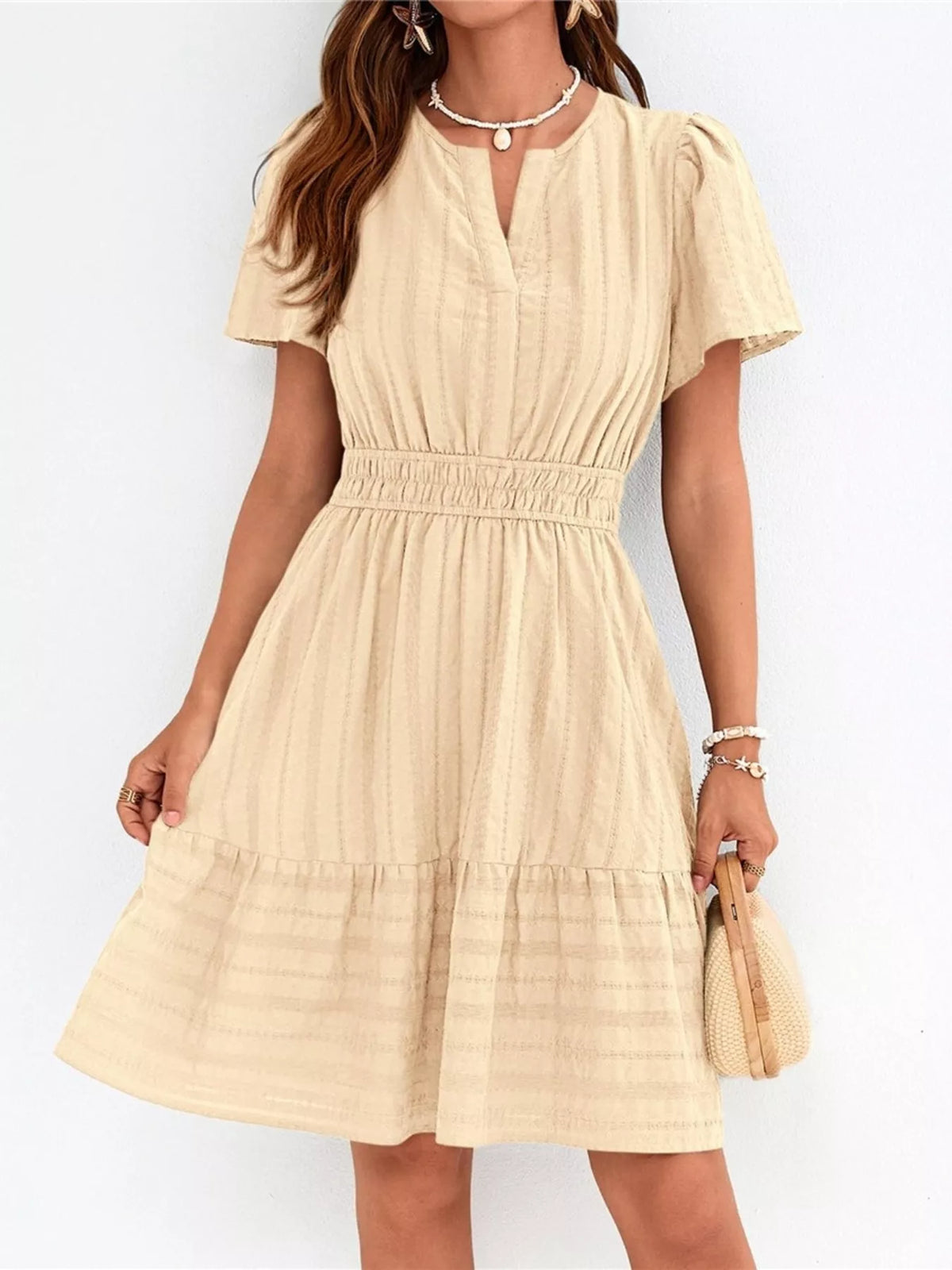 Short sleeve smocked waist tiered midi dress back view