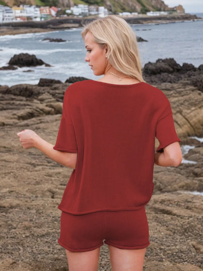 Round Neck Short Sleeve Top and Shorts Sweater Set - Fashorio