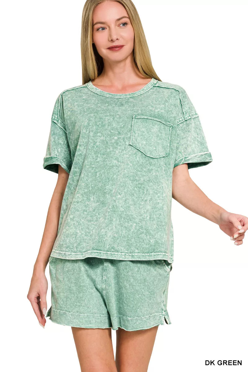 Green snow washed top and shorts two piece set front view
