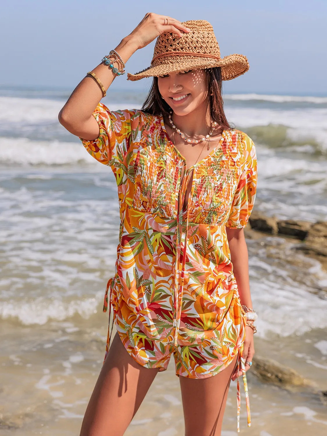 Smocked bodice romper side view