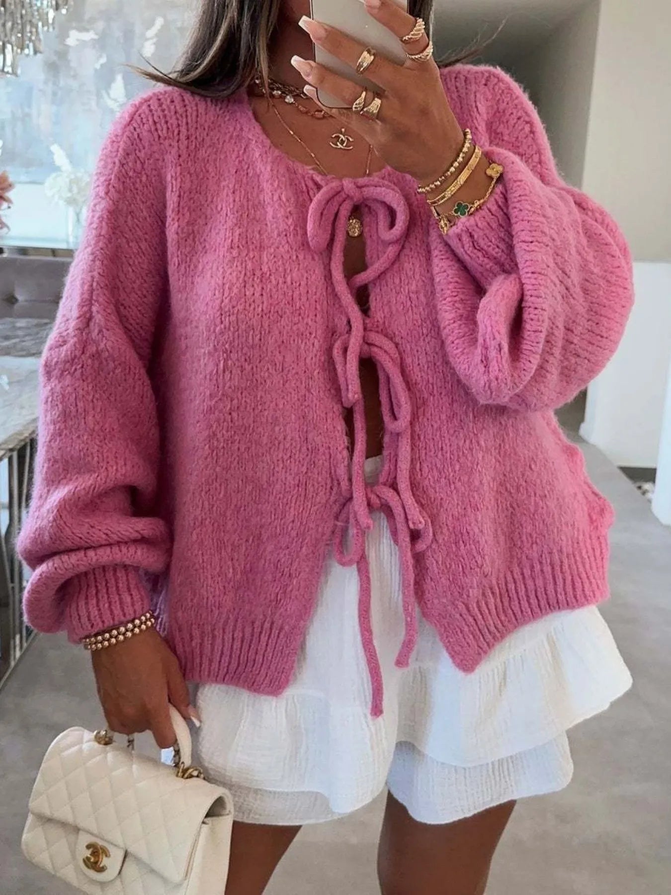 Cozy Bow-Tie Front Knit Cardigan Rose Gold - Fashorio