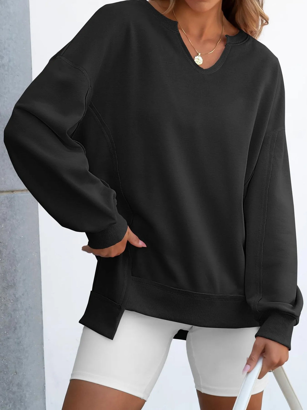 Notched Long Sleeve Oversized Sweatshirt, view 15
