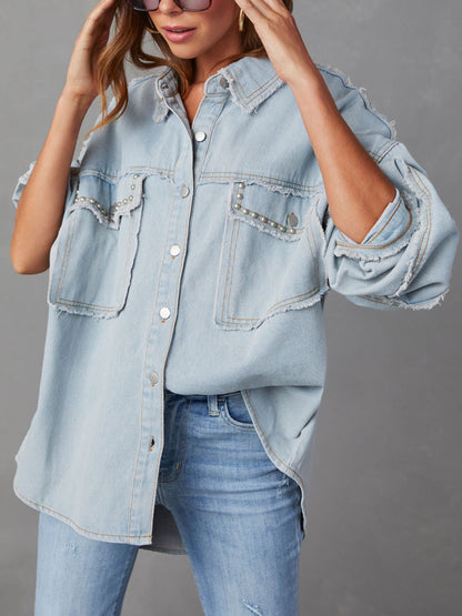 Button Down Raw Hem Denim Jacket Light Blue - Fashorio