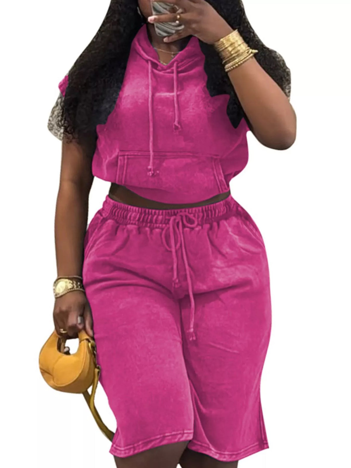 Hooded crop top and shorts set side view