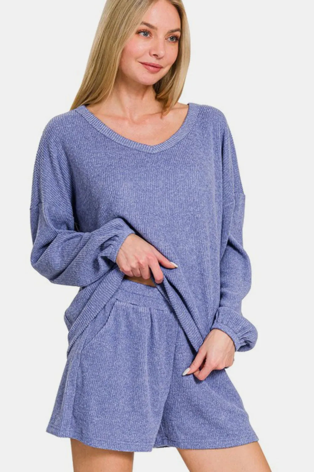 Zenana V-Neck Long Sleeve Ribbed Top and Shorts Set - Fashorio