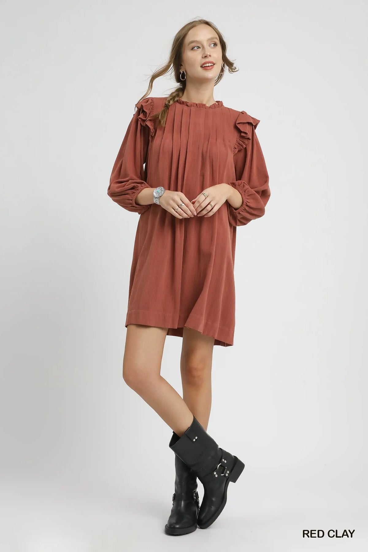 Linen Ruffle Shoulder Babydoll Dress in Red Clay side view
