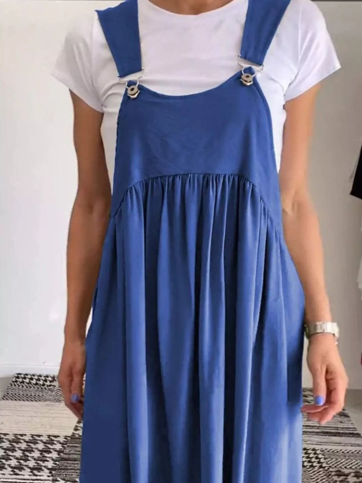 ruched wide strap overall maxi dress fabric detail