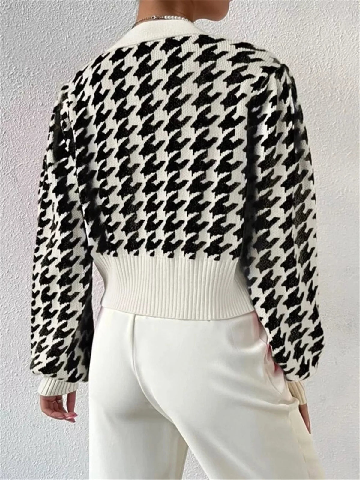 houndstooth v neck button up cardigan close fabric detail