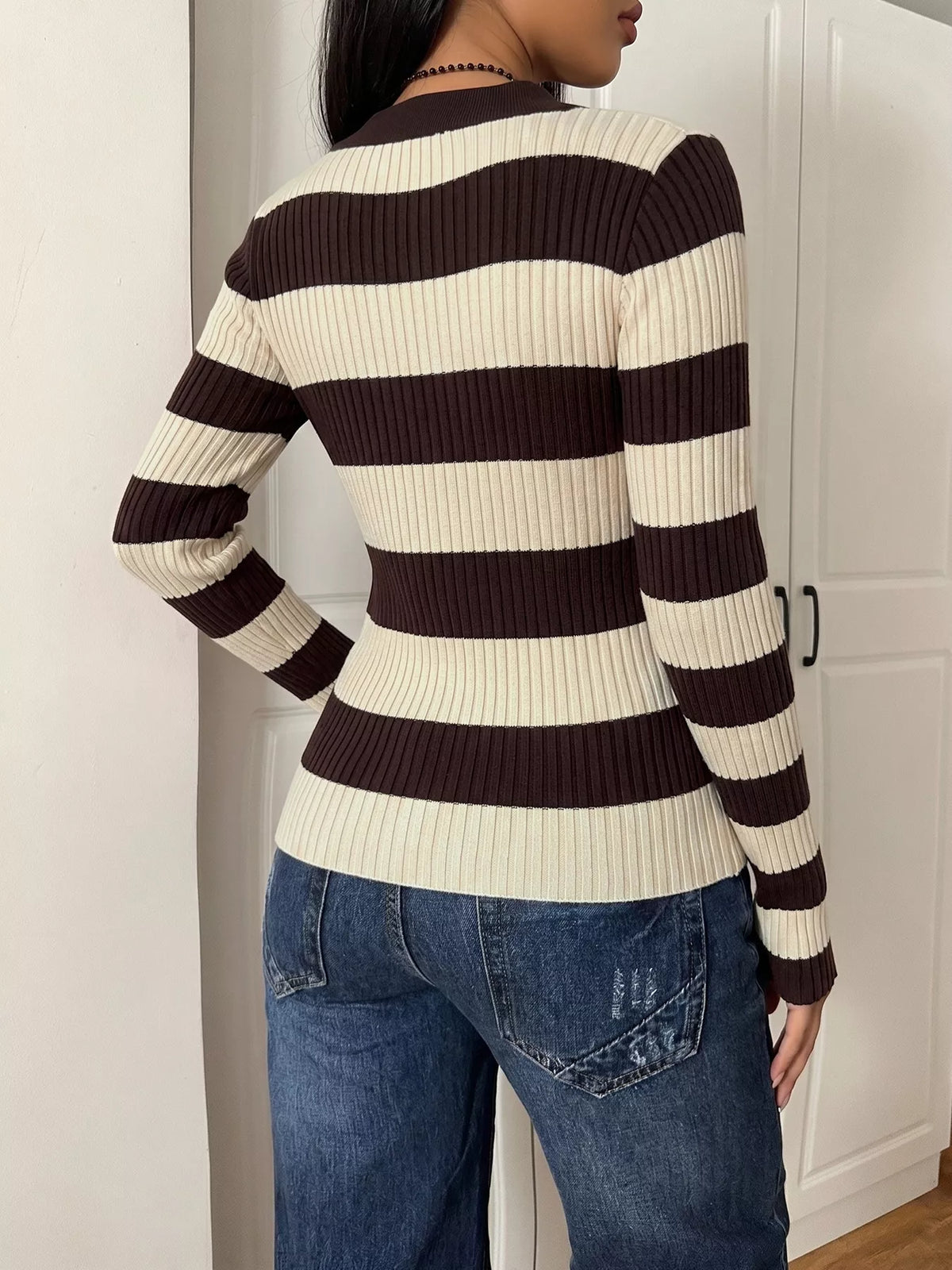 Striped Ribbed Long Sleeve Sweater styled look