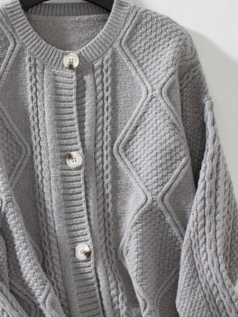 Cable-Knit Round Neck Button Up Cardigan - Fashorio