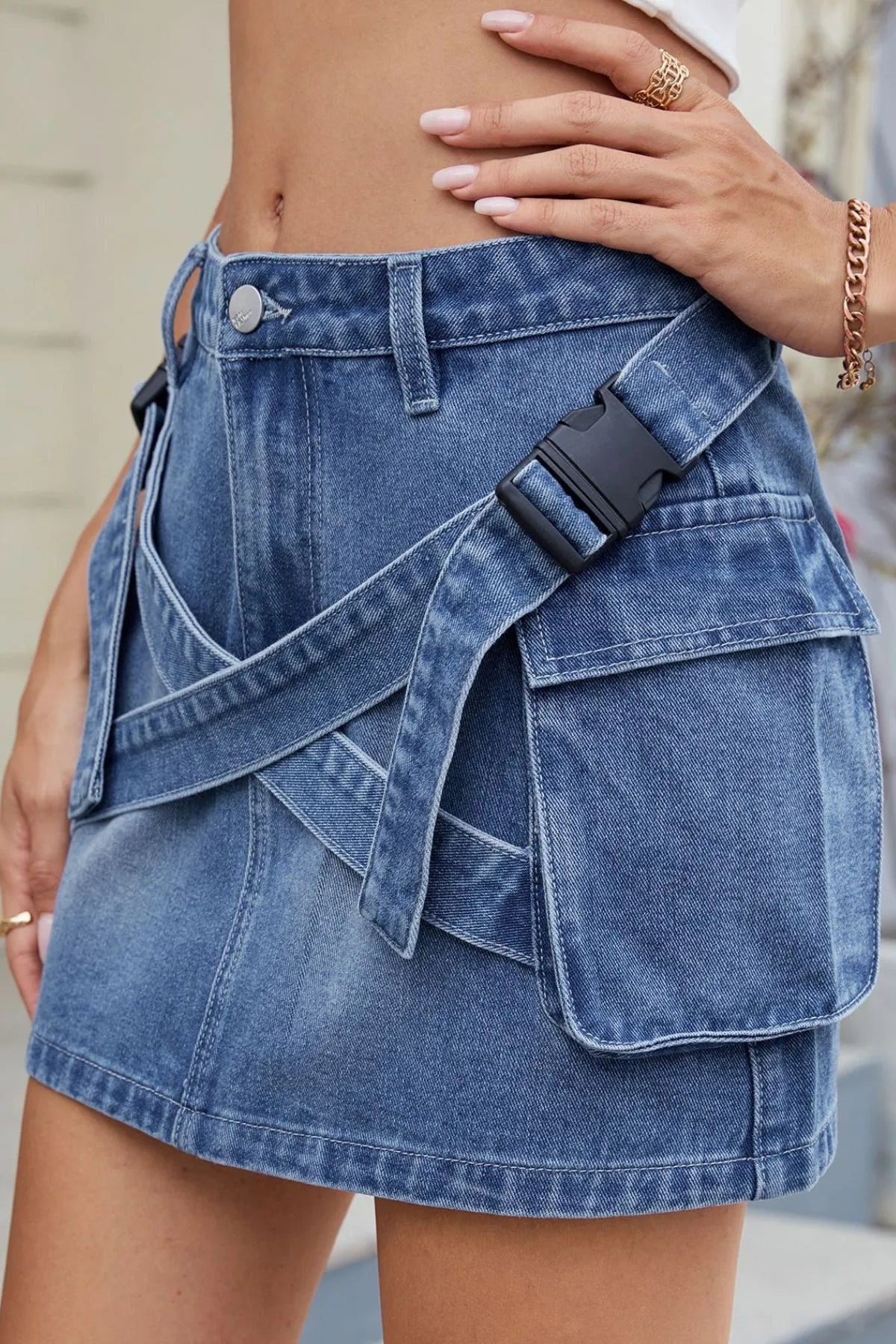 Criss-Cross Waist Detail Denim Mini Skirt - Fashorio
