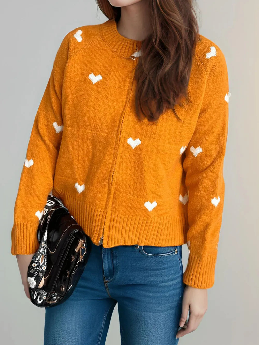 Heart Round Neck Zip Up Cardigan - Fashorio