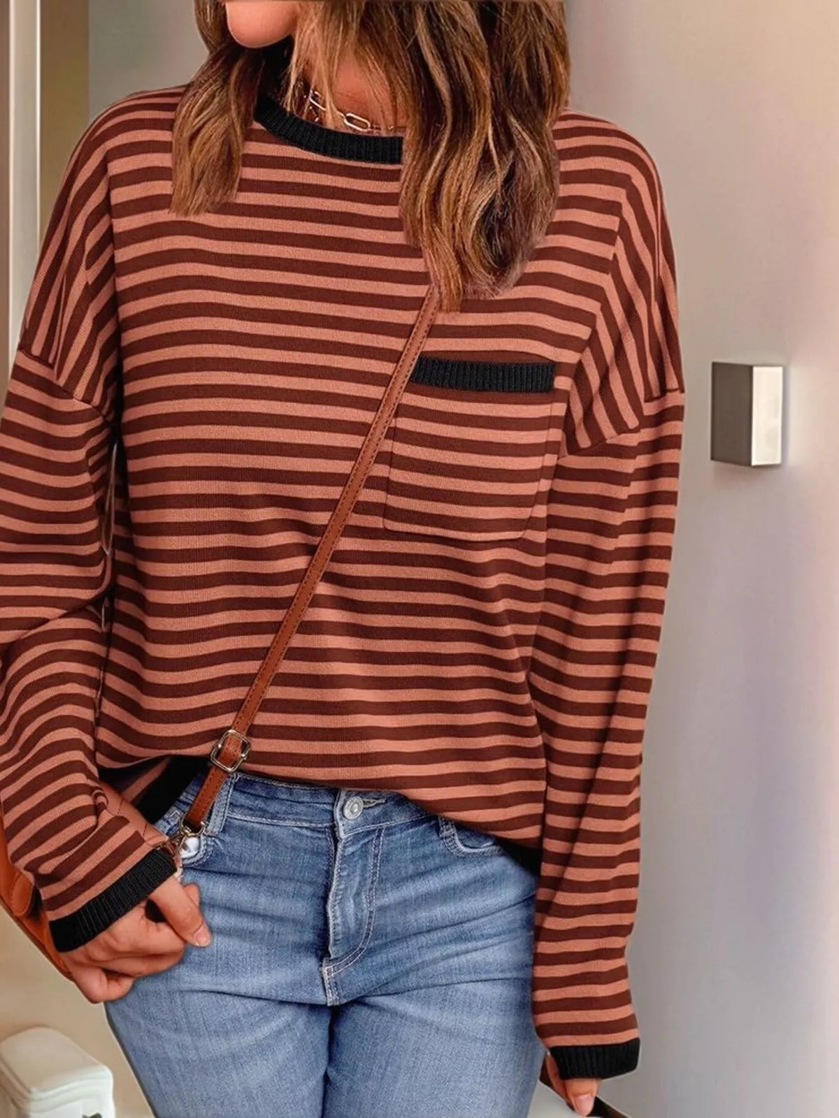 Striped round neck knit top back view