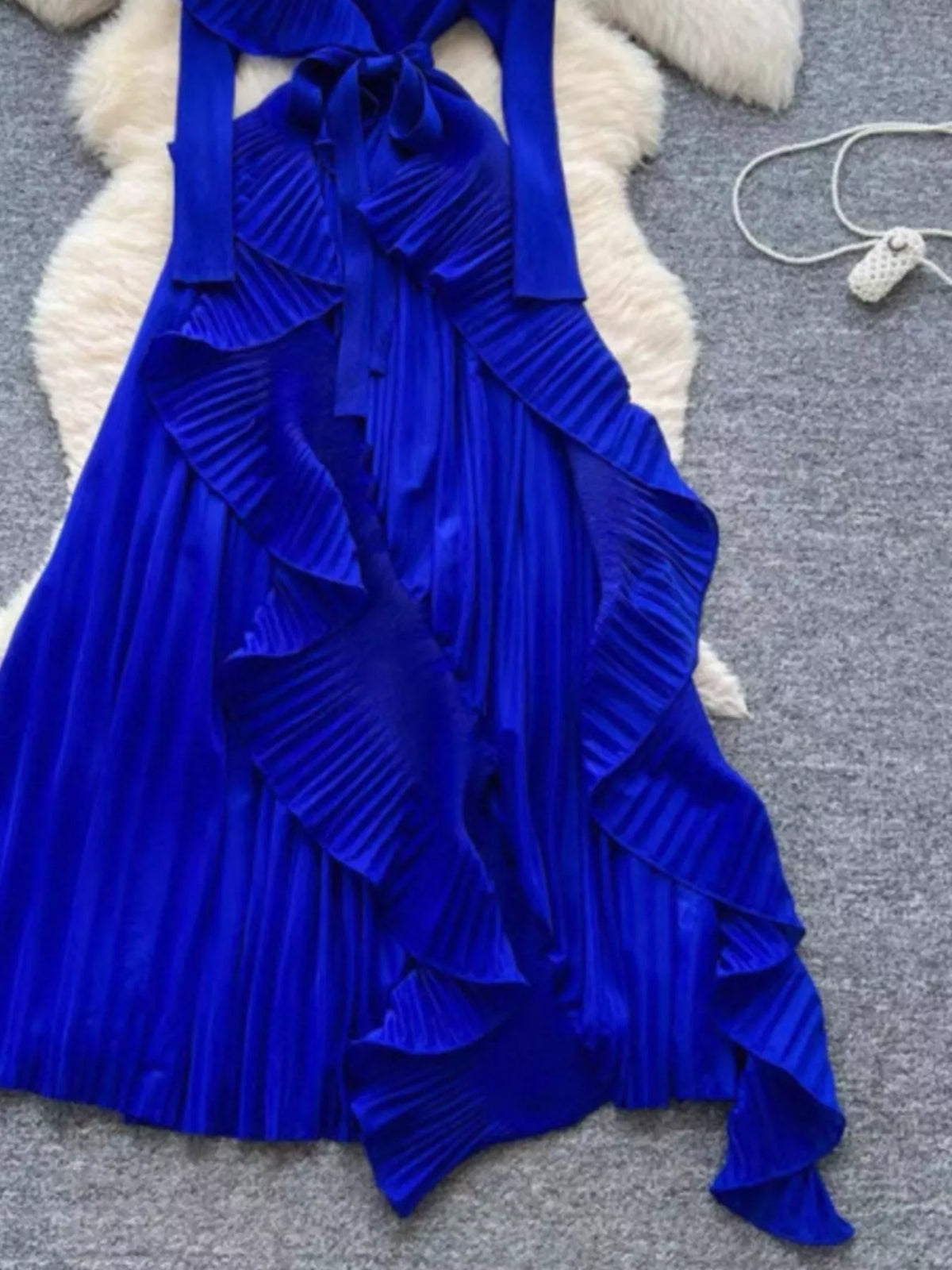 ruffle trim pleated midi dress flat lay