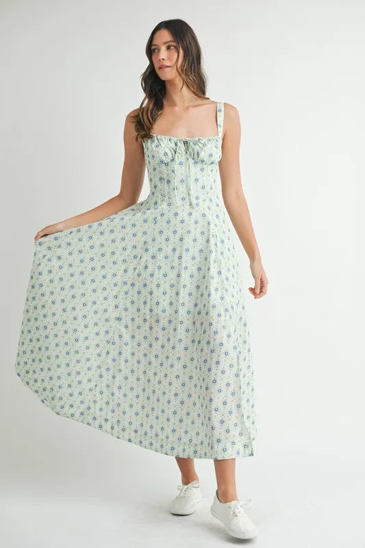 Floral Print Bustier Back Lace Up Midi Dress view 13
