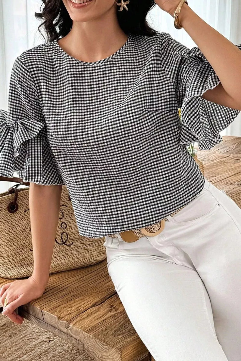 Black gingham bow half sleeve blouse front view