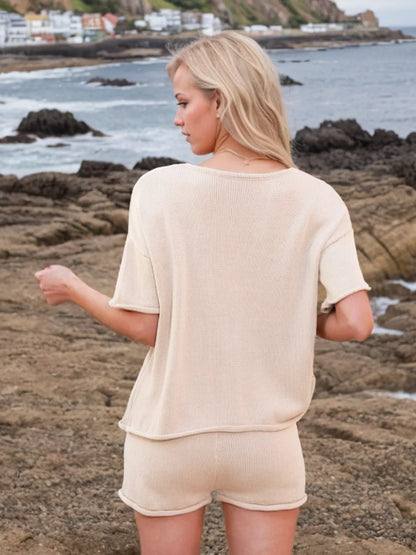 Round Neck Short Sleeve Top and Shorts Sweater Set - Fashorio