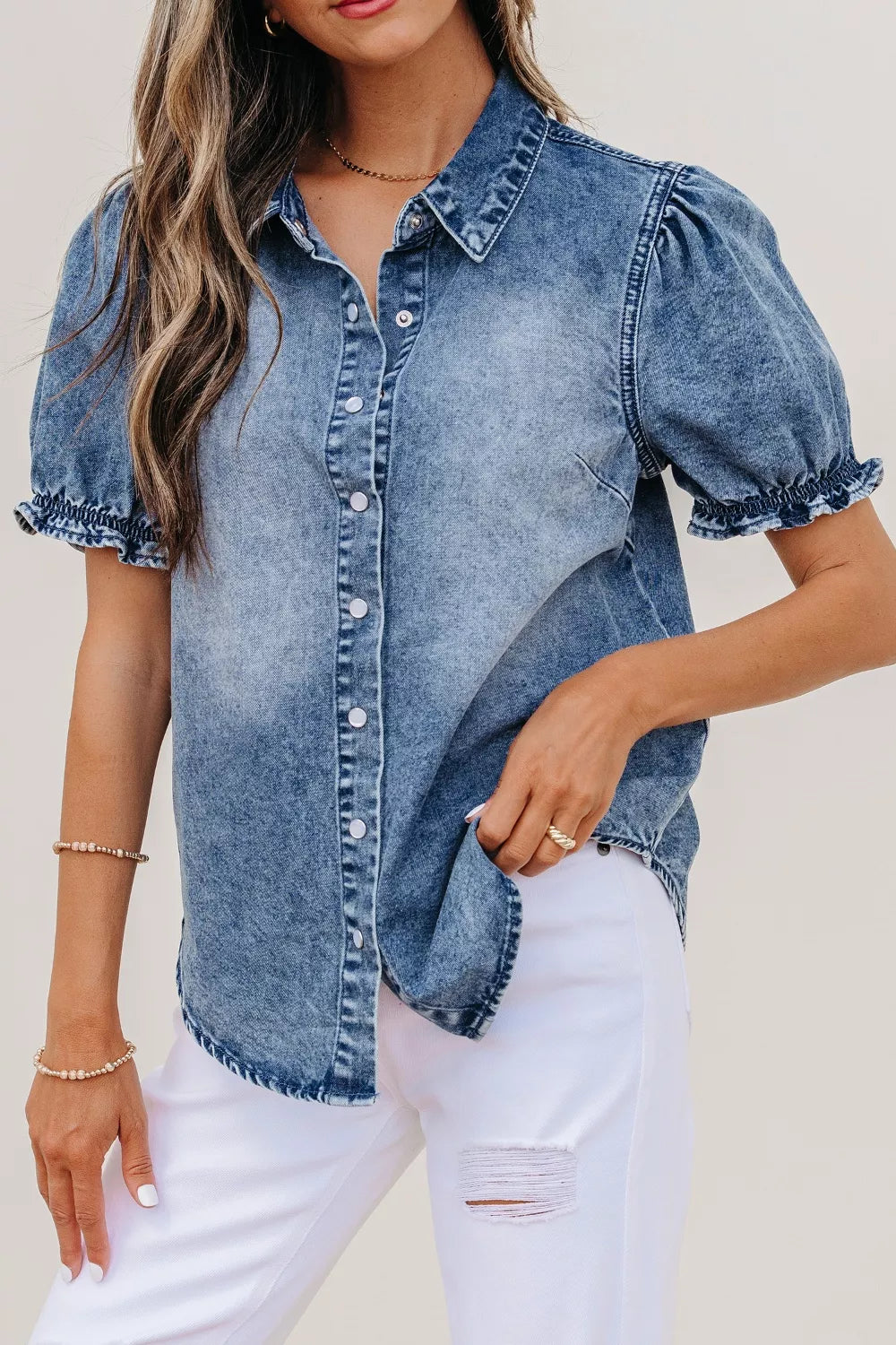 Medium wash frilled snap button denim shirt side view