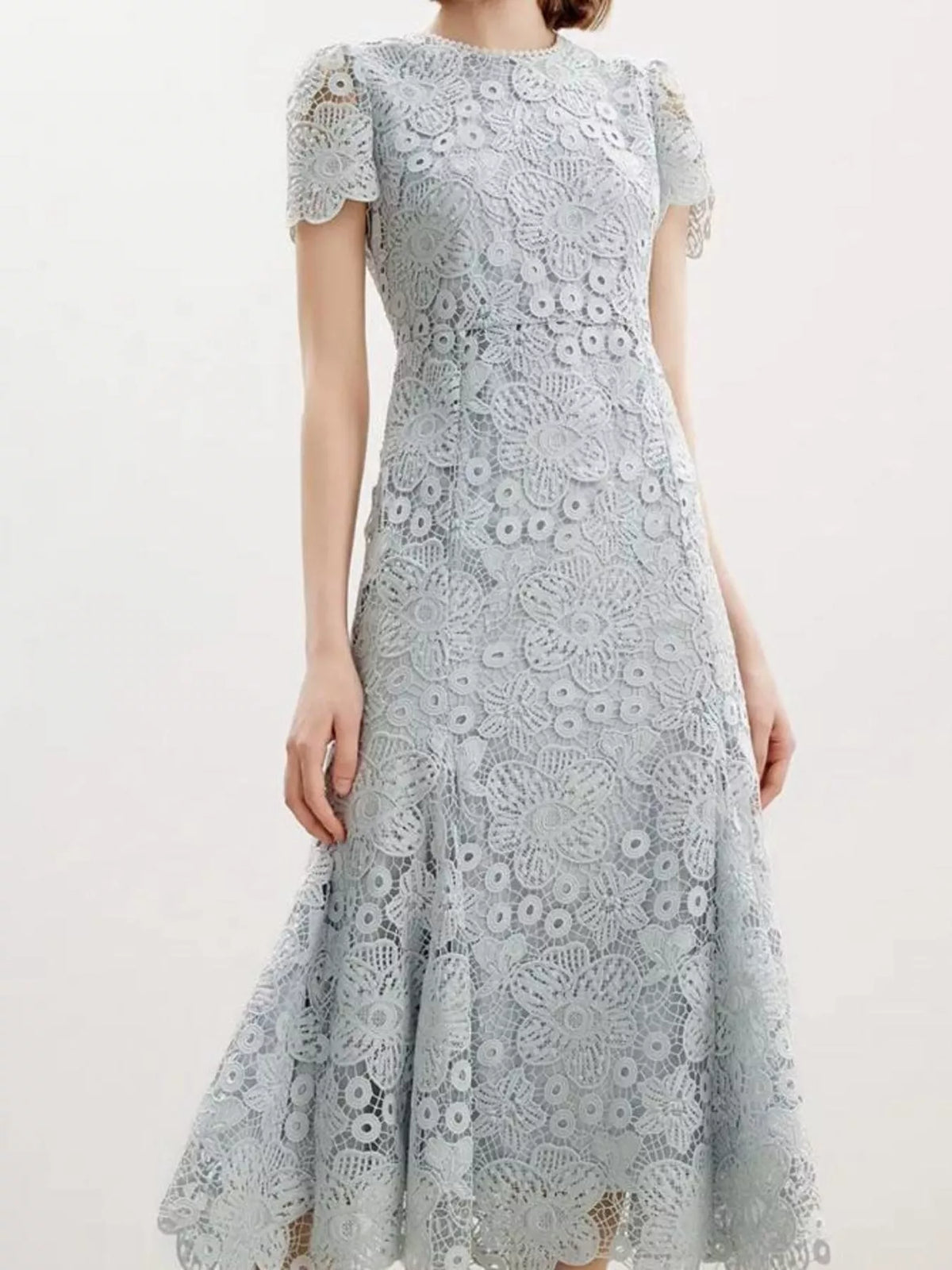 lace short sleeve mermaid dress fabric and detail close up