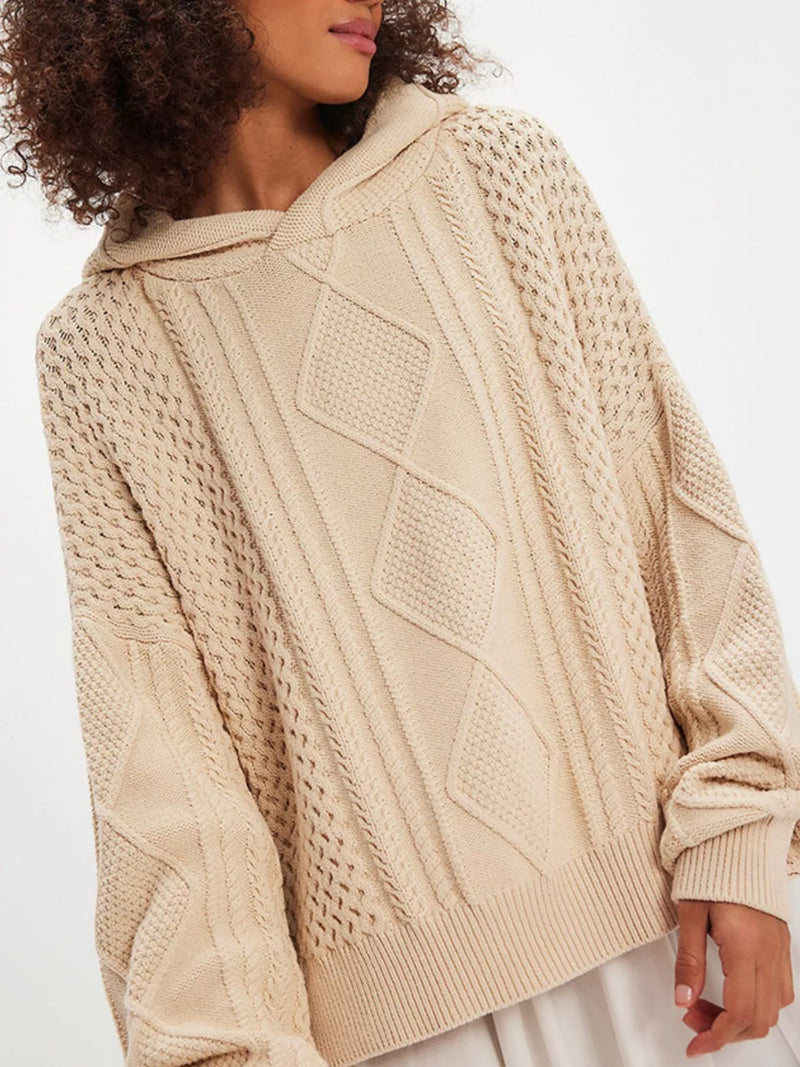 Cable knit hooded sweater front view in beige