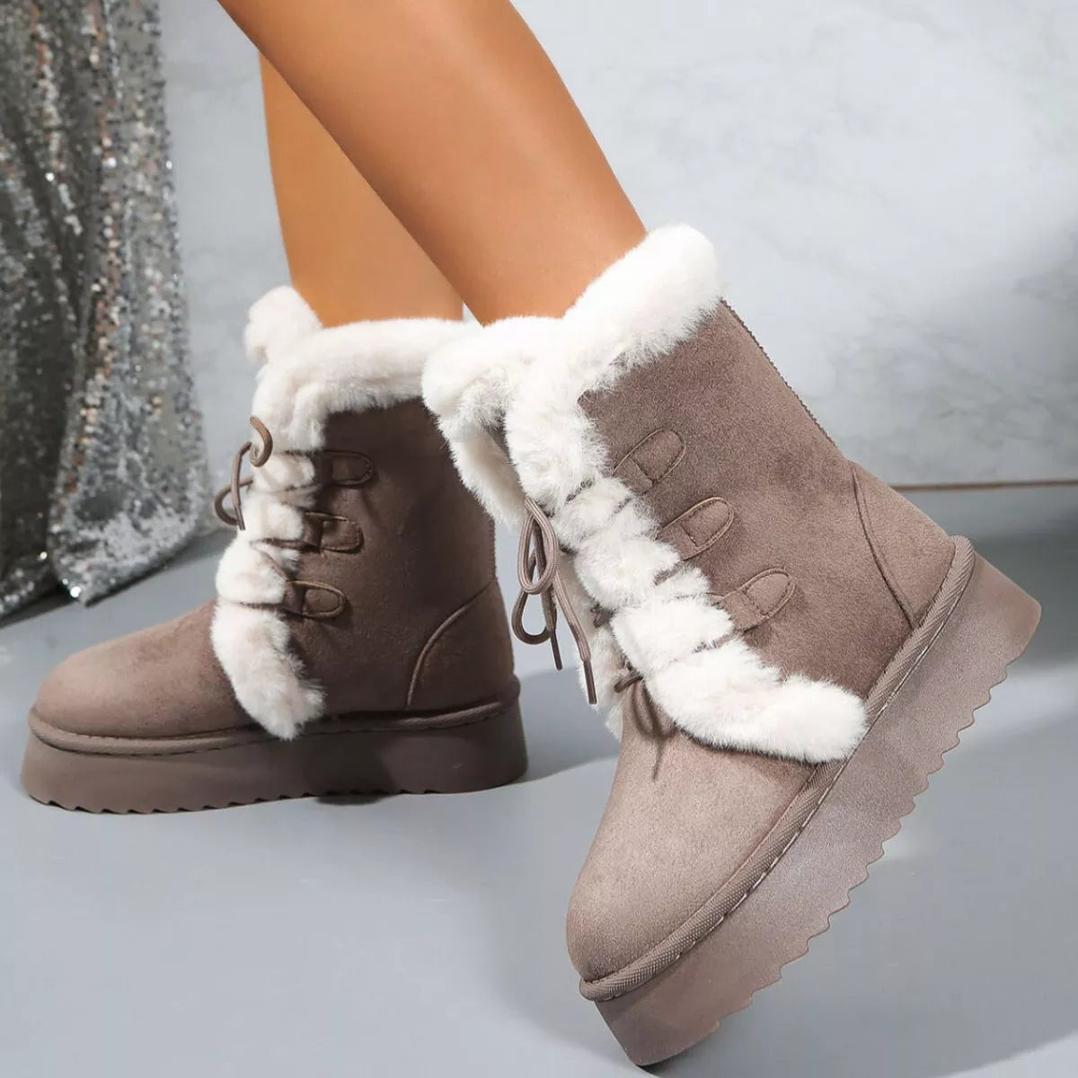 Fuzzy Trim Lace Up Platform Boots upper detail