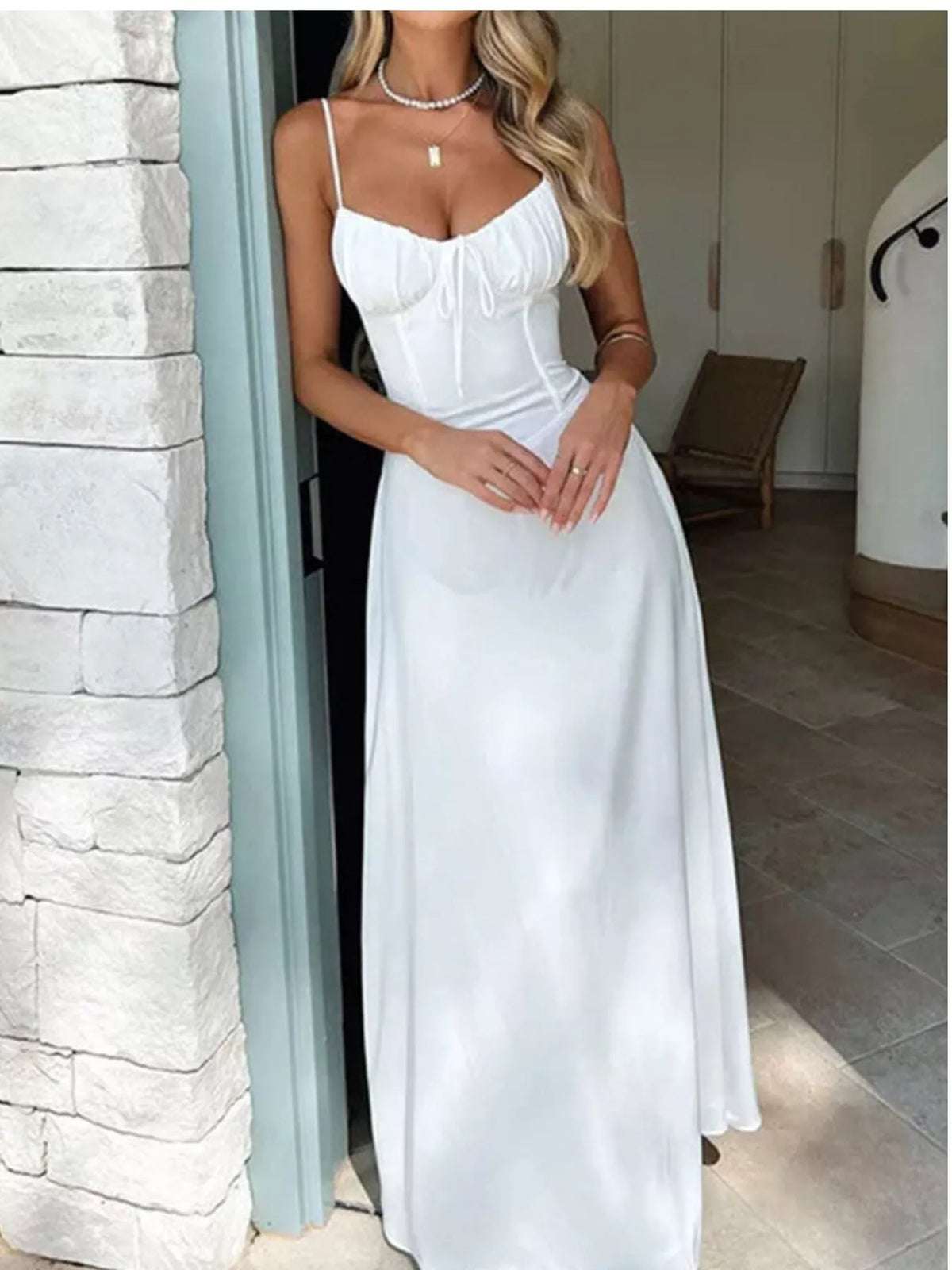 tie front spaghetti strap maxi dress detail view