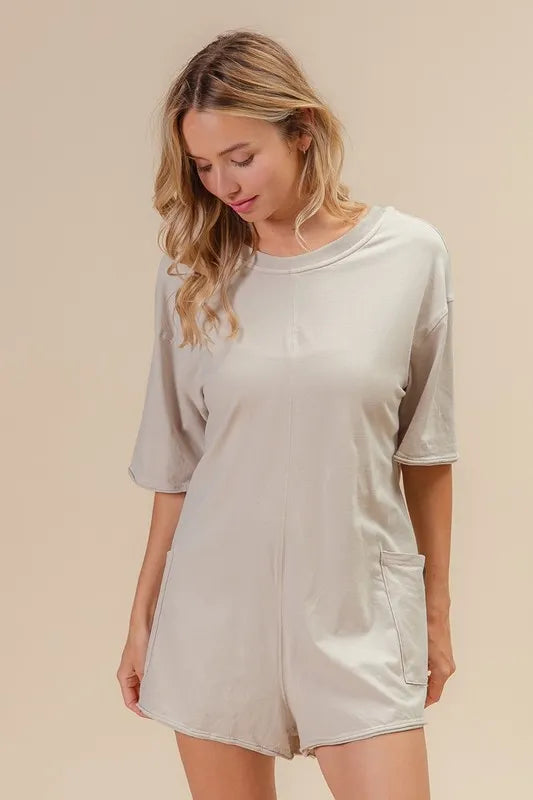 BiBi Short Sleeve Back Open Washed Romper - Fashorio