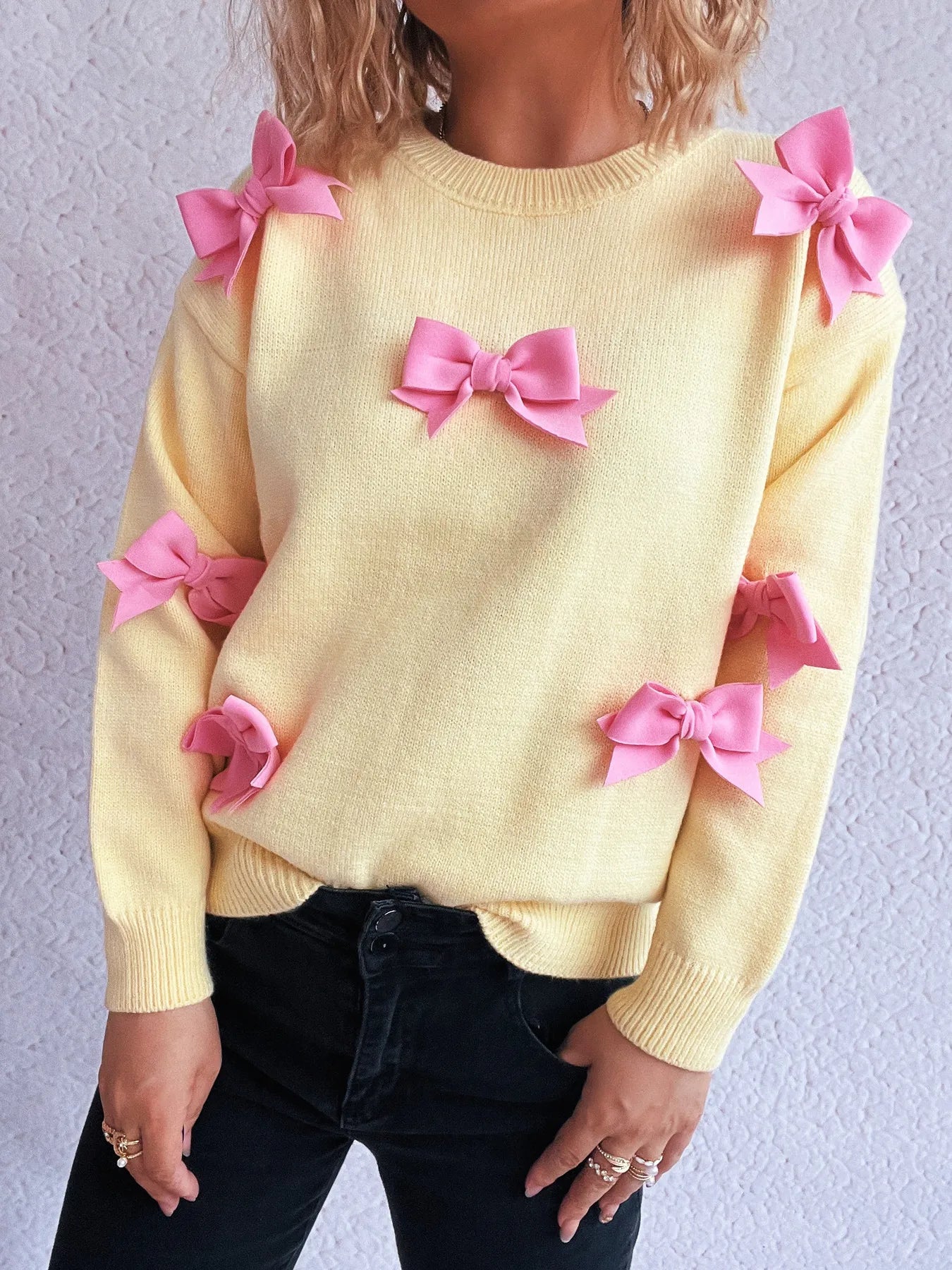 Bow Round Neck Long Sleeve Sweater - Fashorio