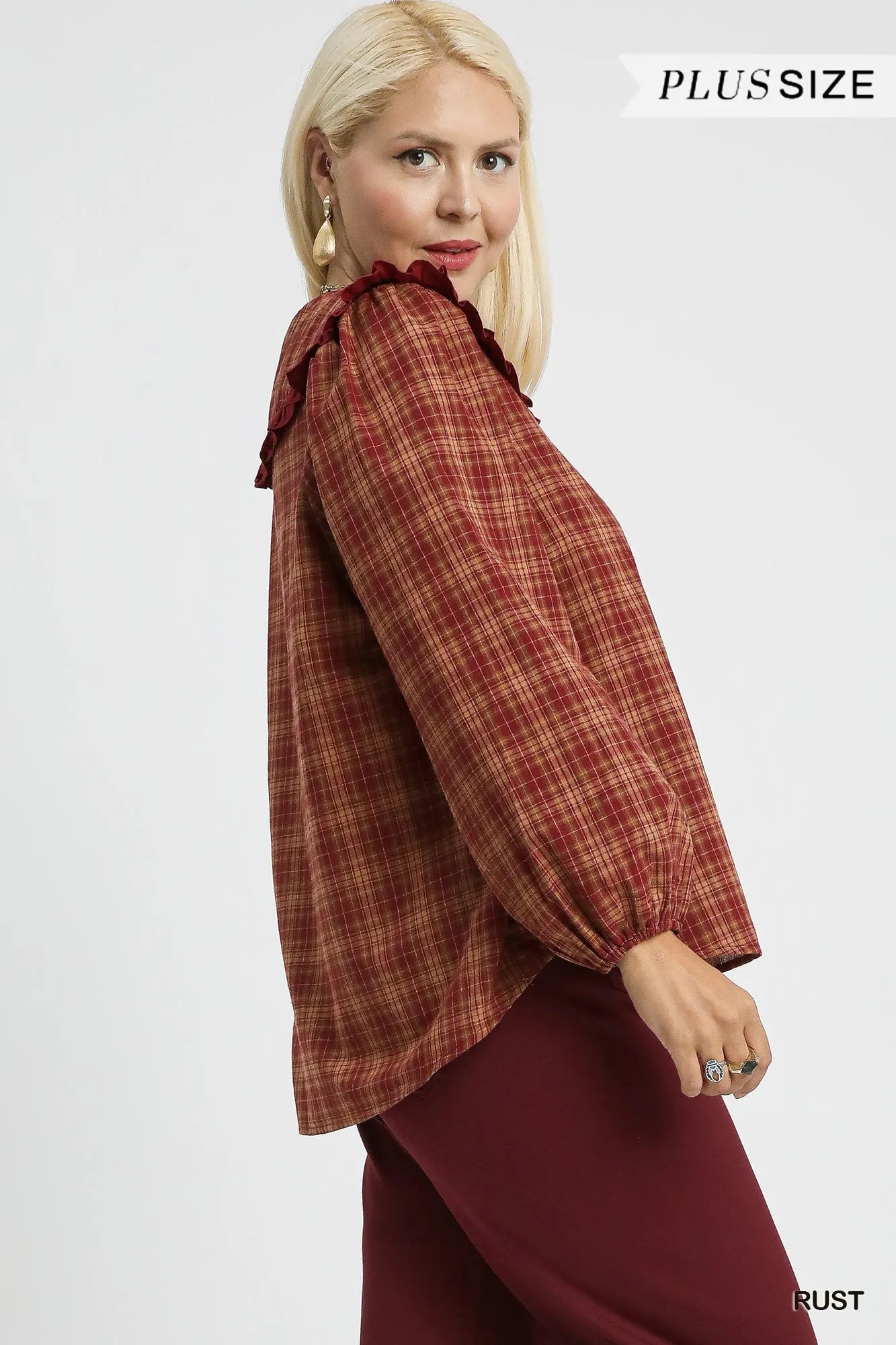 Umgee Full Size Plaid Ruffle Collar Blouse Plus Size - Fashorio