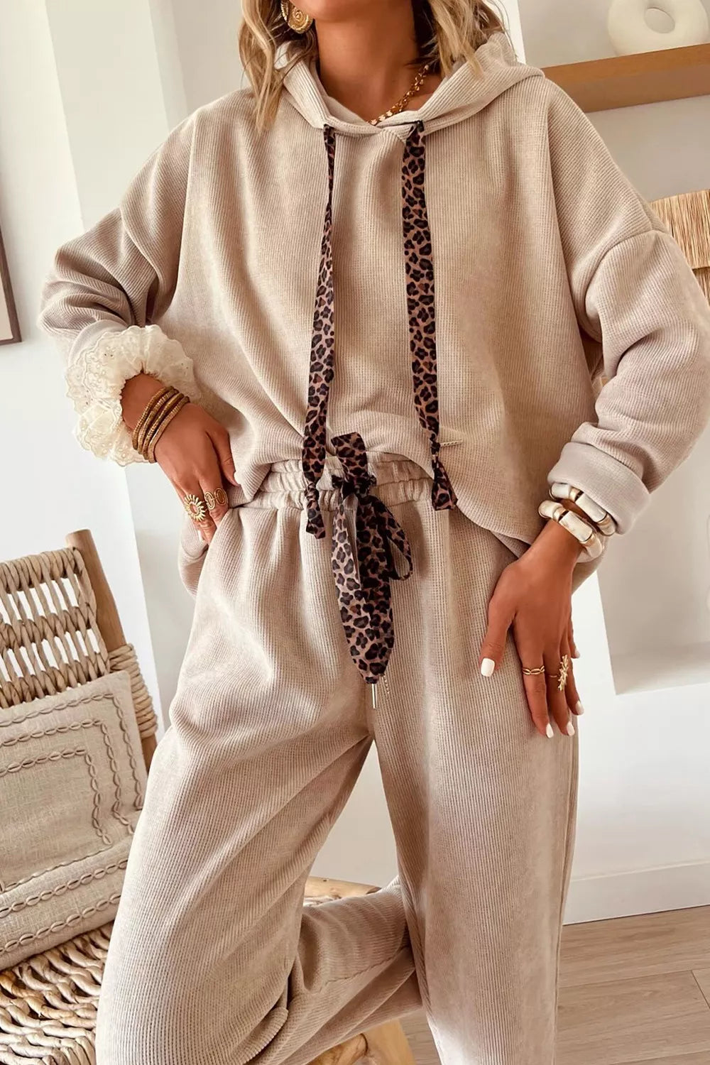 Leopard print drawstring hoodie and pants set front