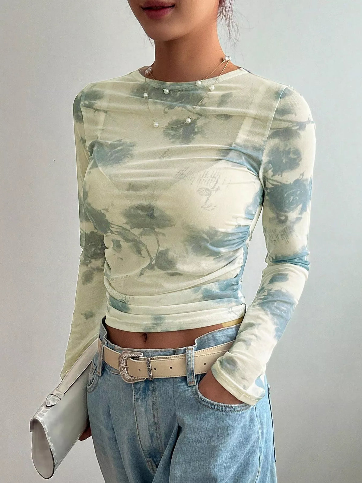 Green floral sheer mesh long sleeve tee styled