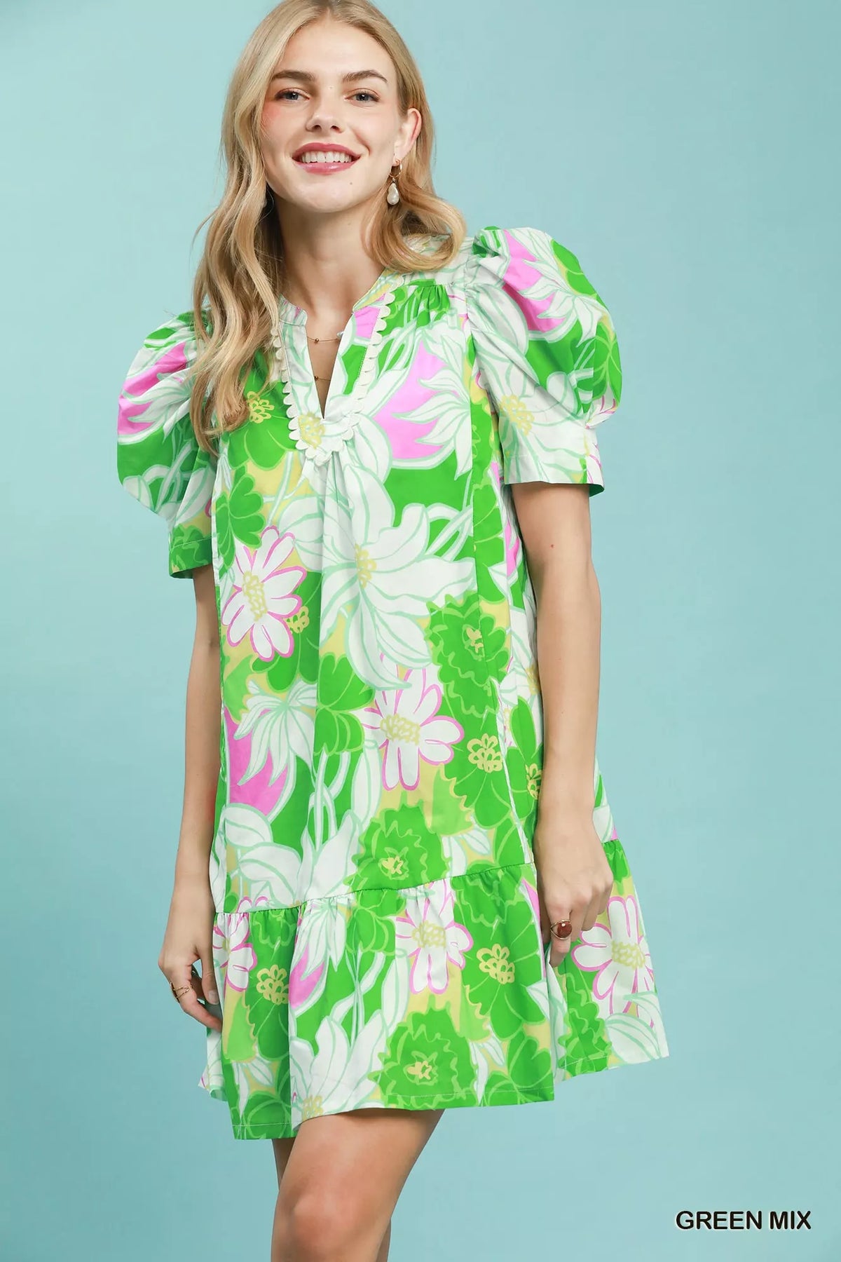 Umgee green floral puff sleeve tiered mini dress front view