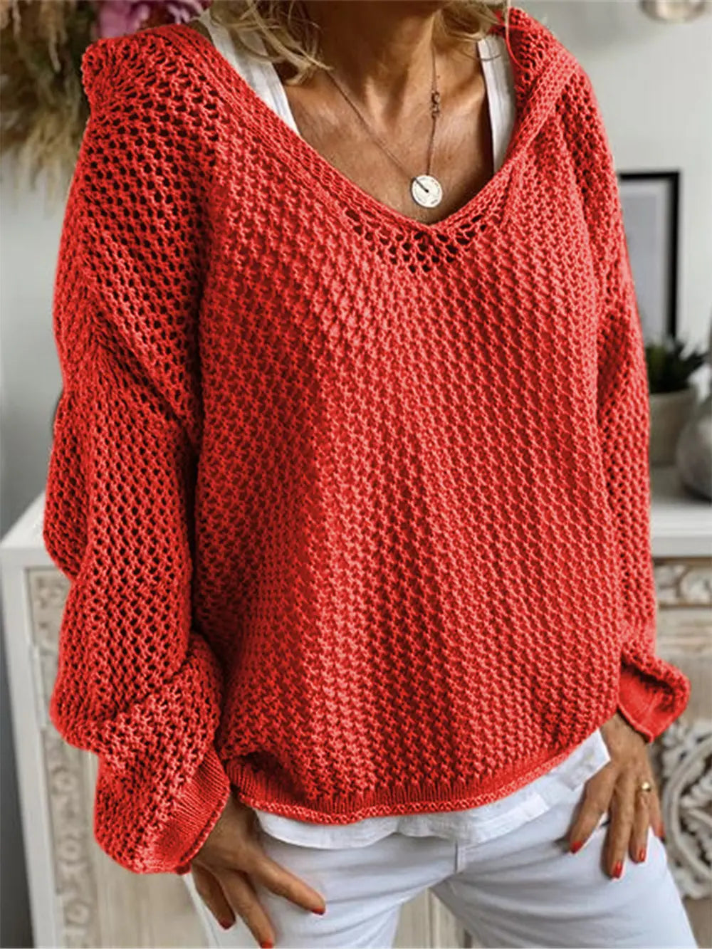 Openwork Hooded Long Sleeve Sweater Red - Fashorio