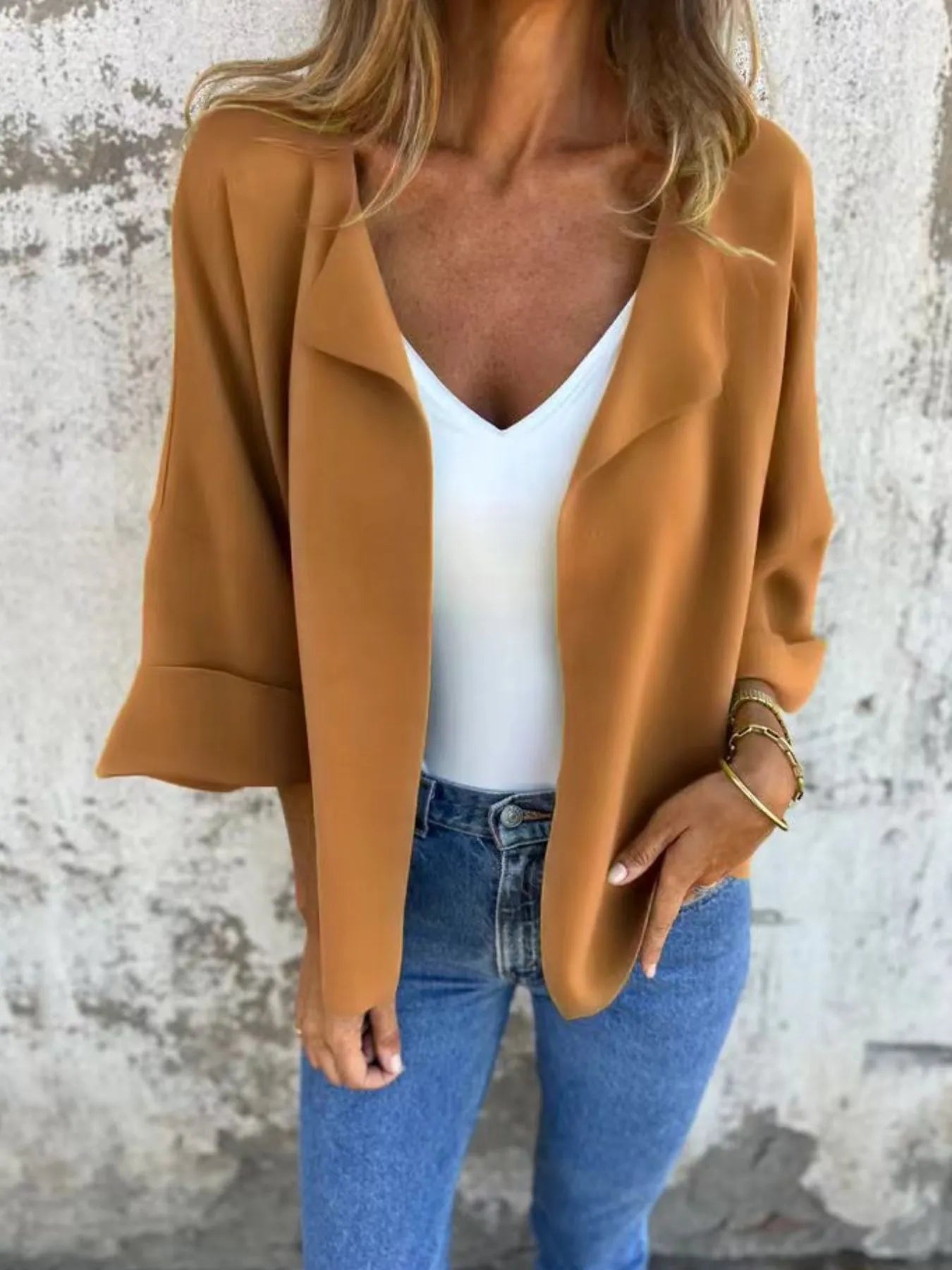 Full Size Open Front 3/4 Sleeve Cardigan Plus Size Caramel - Fashorio