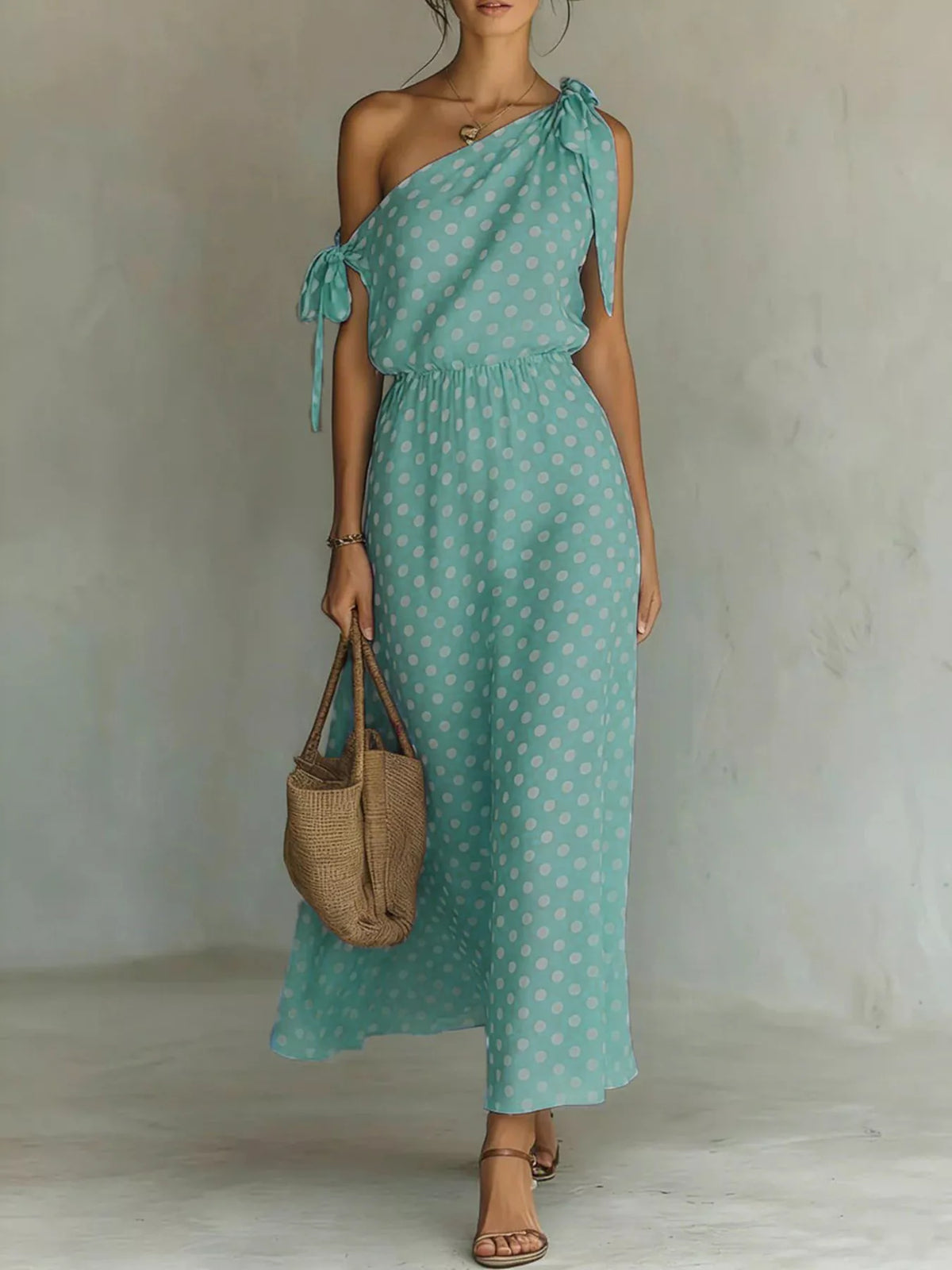 Polka dot maxi dress styled for a party