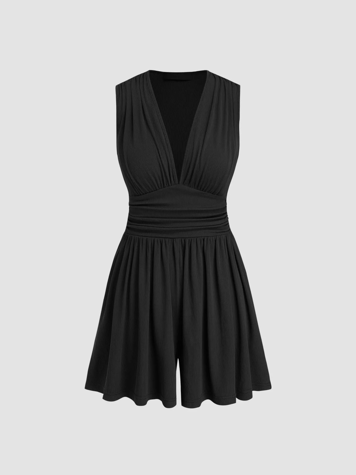 Ruched sleeveless romper side view showing v neckline
