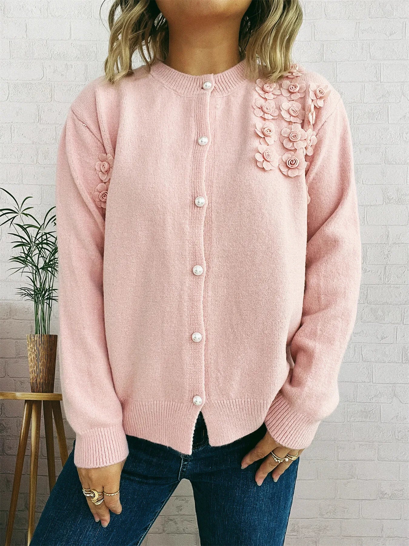 Flower Button Up Long Sleeve Cardigan Pink One Size - Fashorio