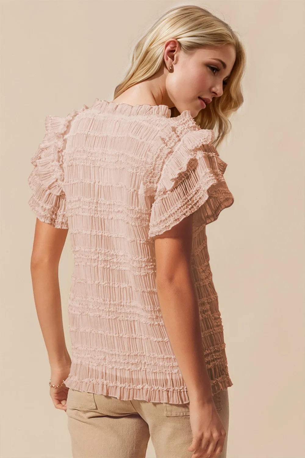 Womens frill flounce sleeve blouse styled outfit